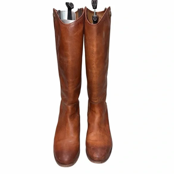 Frye Cognac Leather Melissa Button 2 Distressed Tall Riding Boots size 10 - Picture 2 of 10